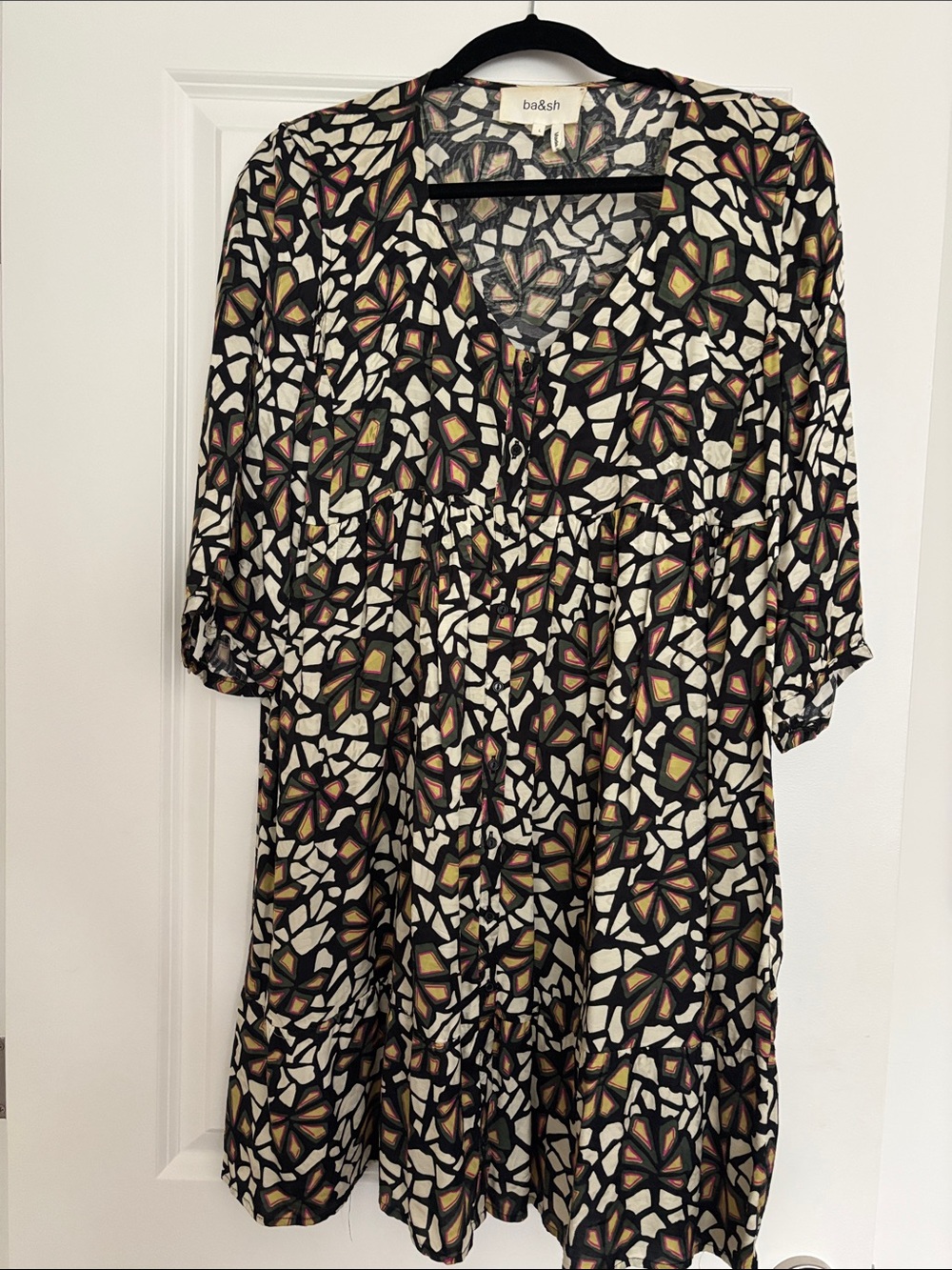 ba&sh Black Mosaic Floral V-Neck Tunic